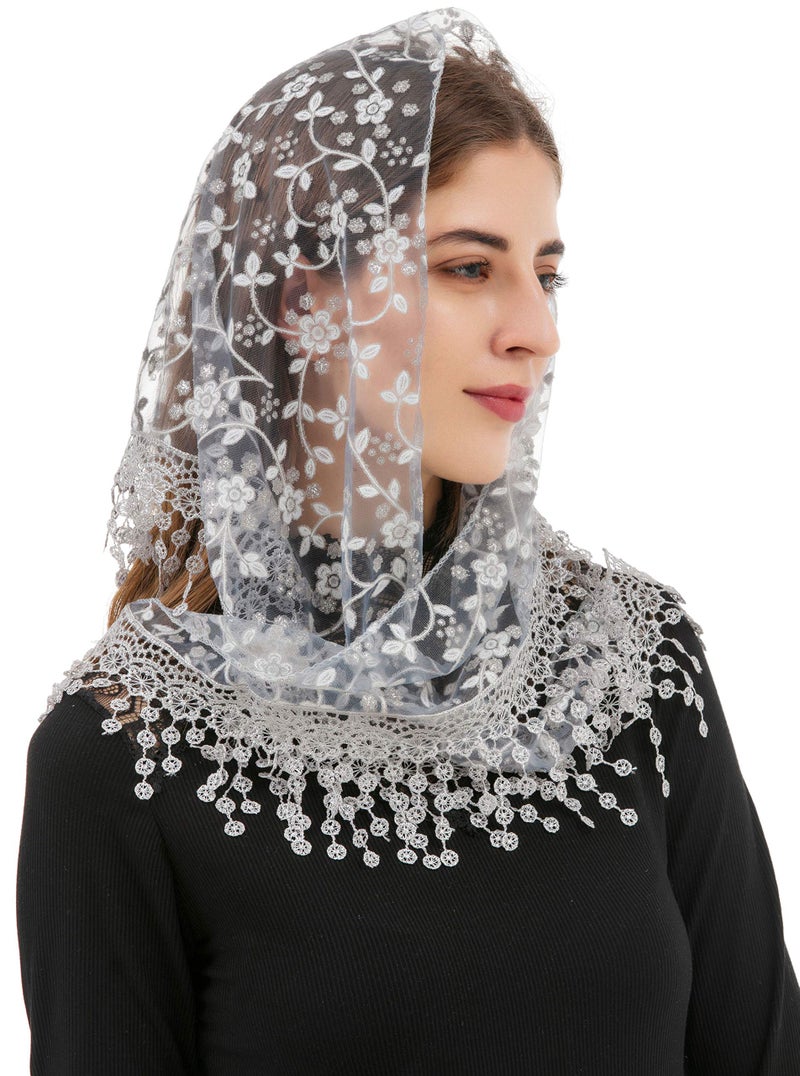 PAMOR Triangle Lace Veil Mantilla Cathedral Head Covering Chapel Veil for Mass Wedding Bridesmaids (Gray) - Image 1